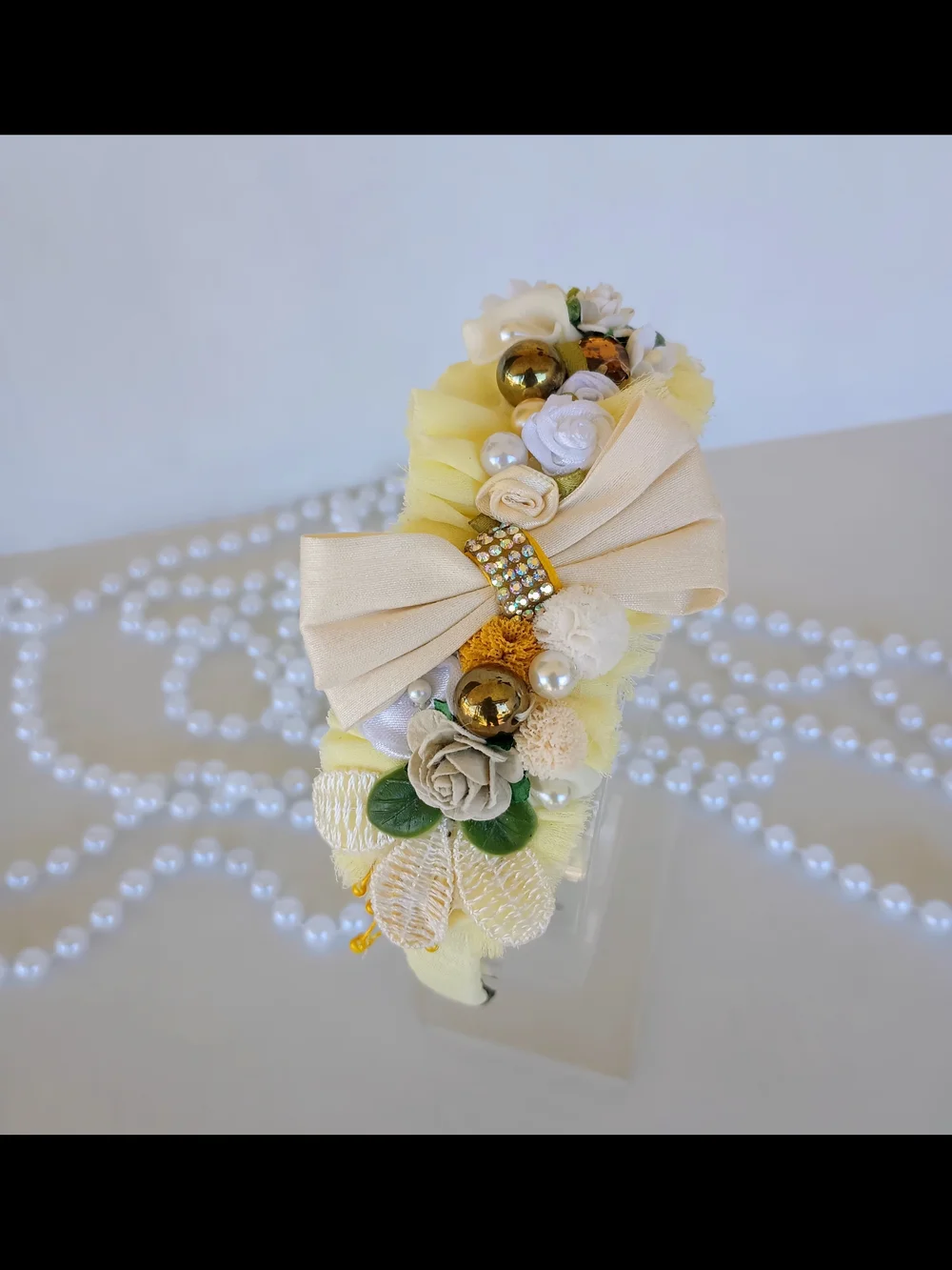 Handmade Yellow Floral Pearl Embellished Padded Headband🎀✨
